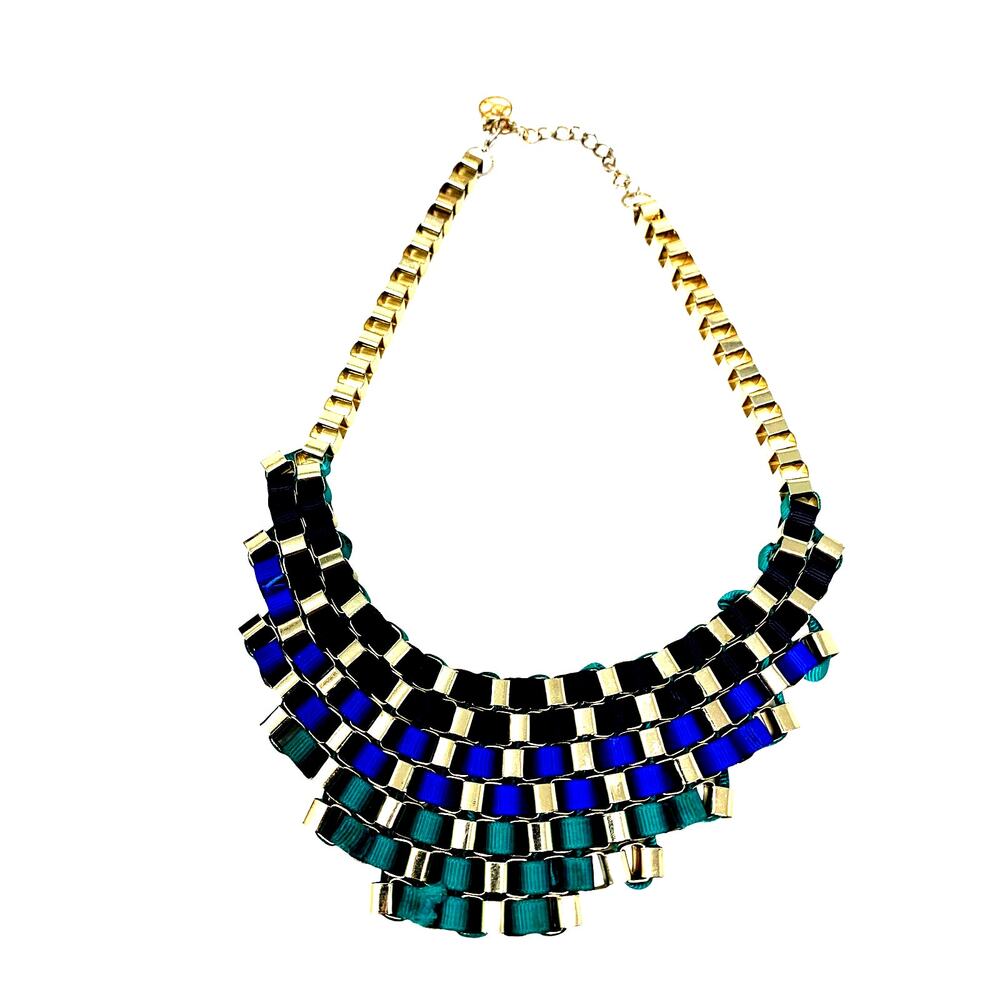 Erica Lyons Statement Bib Necklace Teal/Blue/Black Woven Ribbon Goldtone